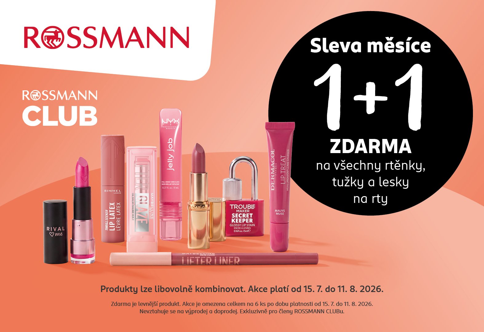 1+1 ZDARMA na všechny rtěnky, tužky a lesky na rty